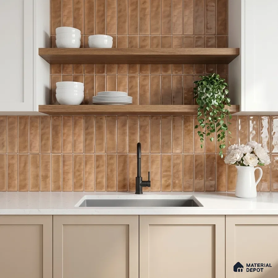 Modern kitchen with terracotta kitkat wall tiles, white quartz countertop, and beige laminate cabinets