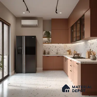 Modern kitchen with terracotta laminate cabinets, terrazzo backsplash and countertop, and terrazzo floor tiles in Bengaluru | Material Depot