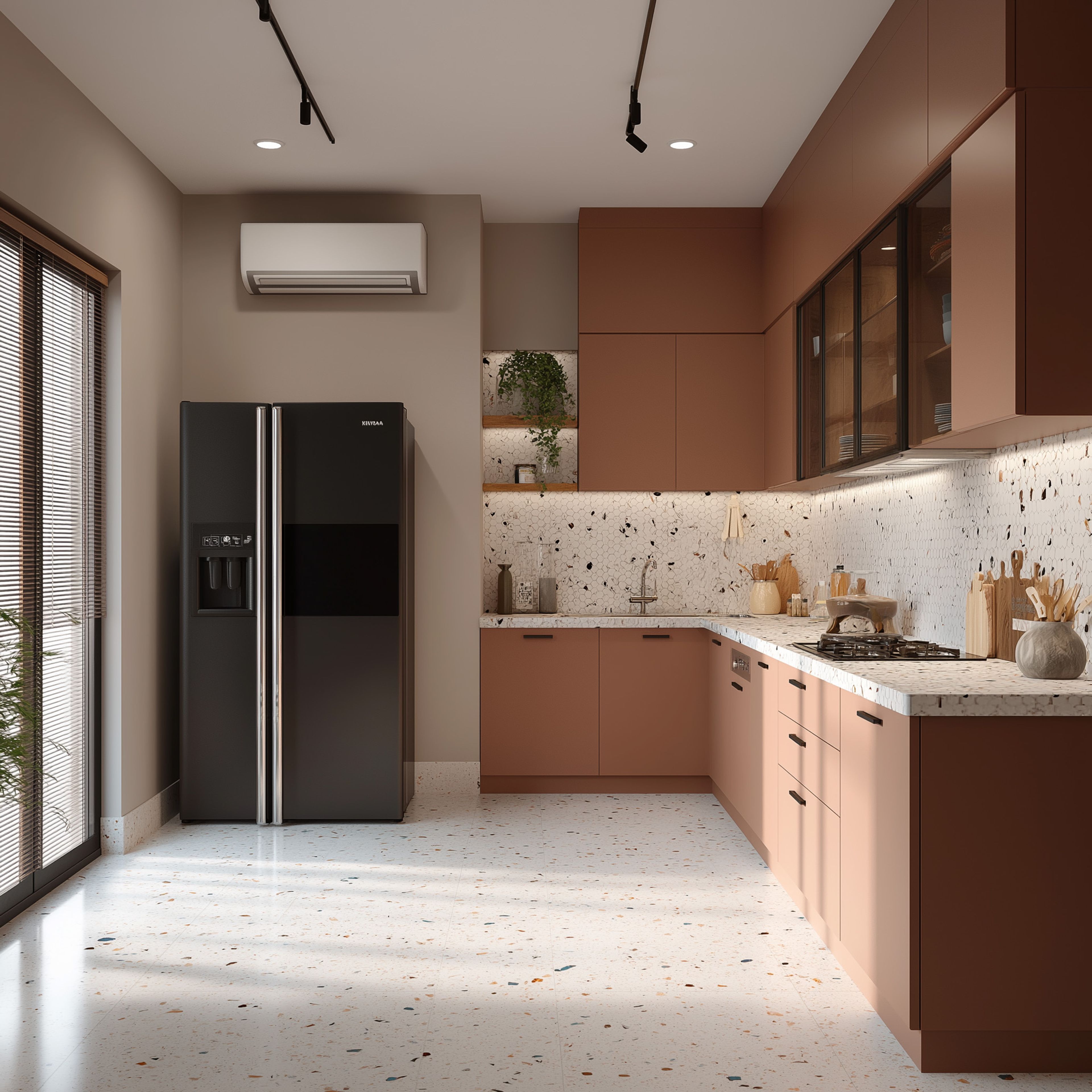 Modern kitchen with terracotta laminate cabinets, terrazzo backsplash and countertop, and terrazzo floor tiles in Bengaluru | Material Depot
