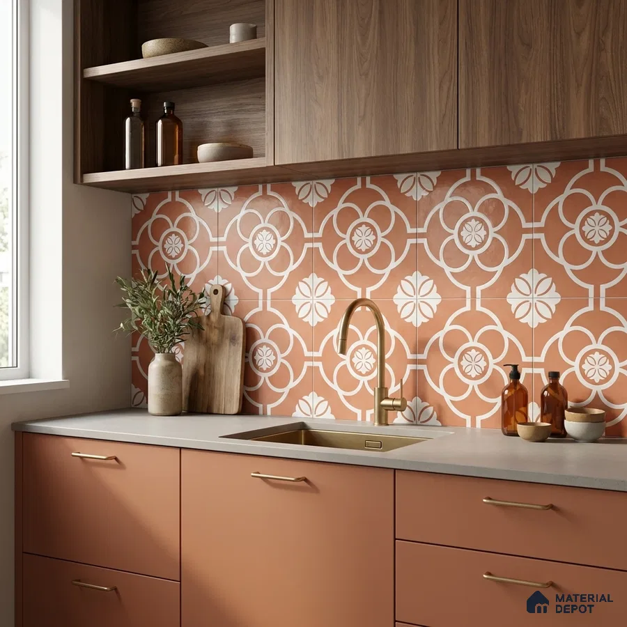 Modern kitchen with terracotta patterned backsplash tile, matte peach laminate cabinets, and walnut wood overheads