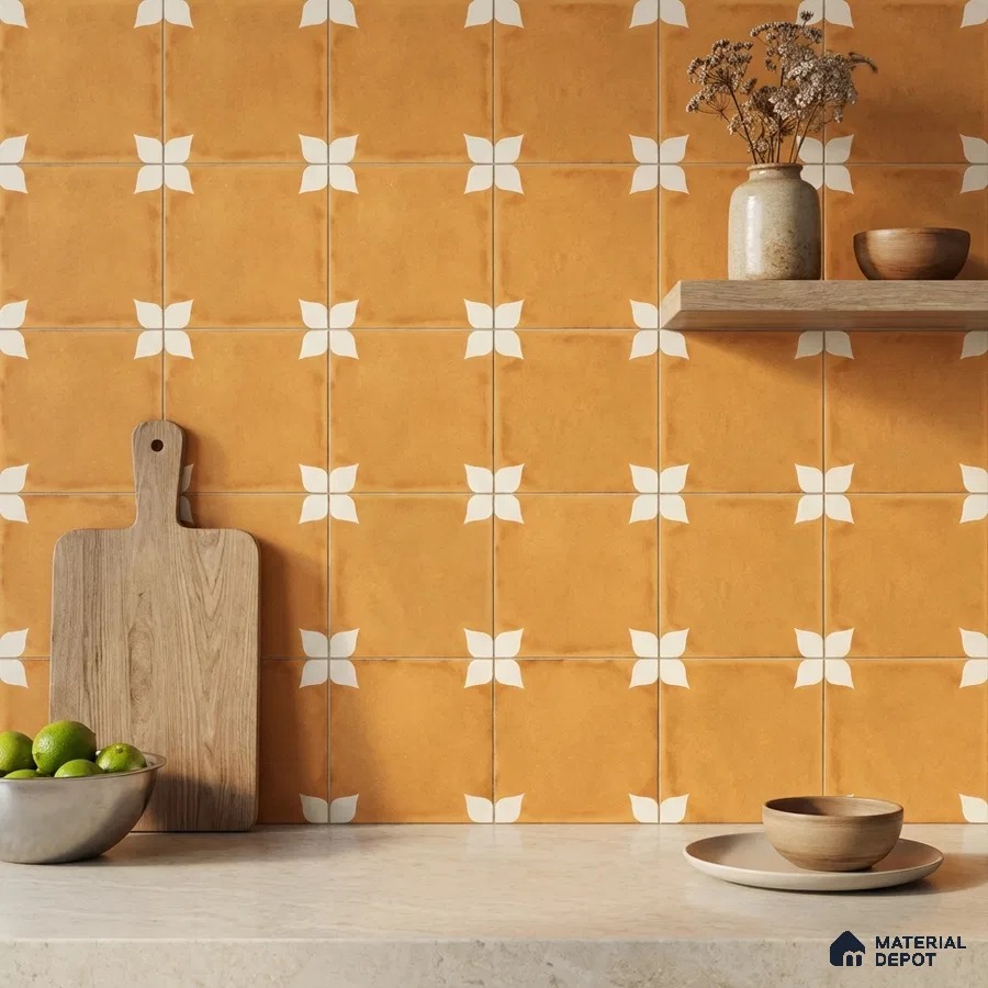 Modern kitchen with terracotta patterned wall tiles and beige quartz countertop