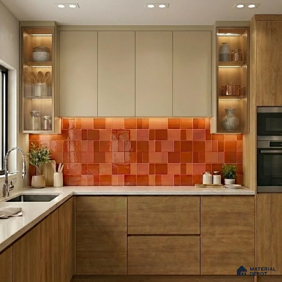 Modern kitchen with terracotta square backsplash tile, light beige laminate, and oak wood laminate base cabinets