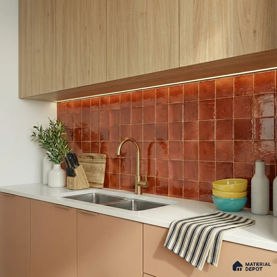 Modern kitchen with terracotta square backsplash tile, white quartz countertop, and light wood laminate cabinets