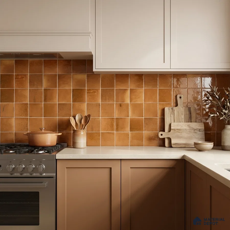 Modern kitchen with terracotta square backsplash tiles and matte beige laminate cabinets