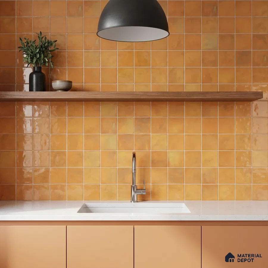 Modern kitchen with terracotta square wall tiles, peach laminate cabinets, and white quartz countertop