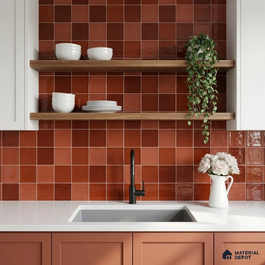 Modern kitchen with terracotta square wall tiles, white quartz countertop, and matte peach laminate cabinets