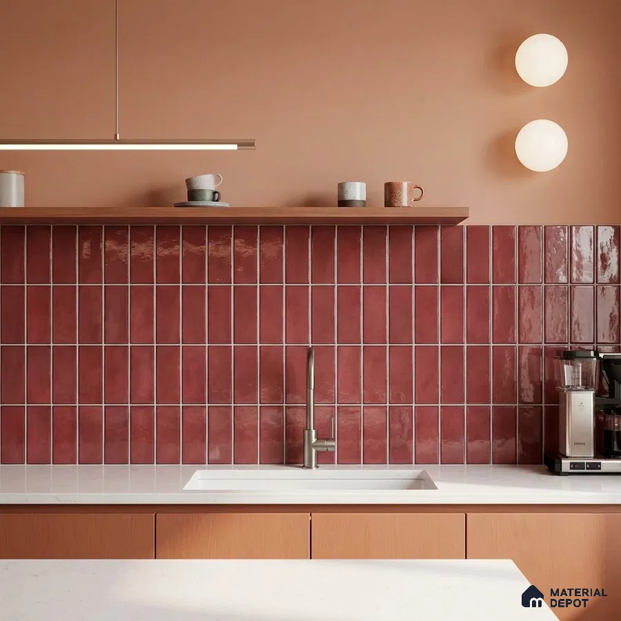Modern kitchen with terracotta subway backsplash tile and white quartz countertop