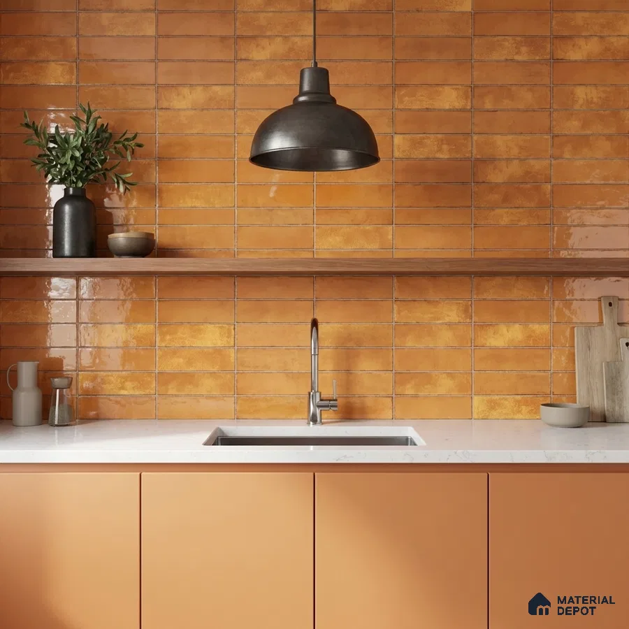 Modern kitchen with terracotta subway wall tiles and matte peach laminate cabinets