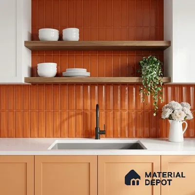 Modern kitchen with terracotta vertical kitkat backsplash tile, peach laminate cabinets, and white quartz countertop