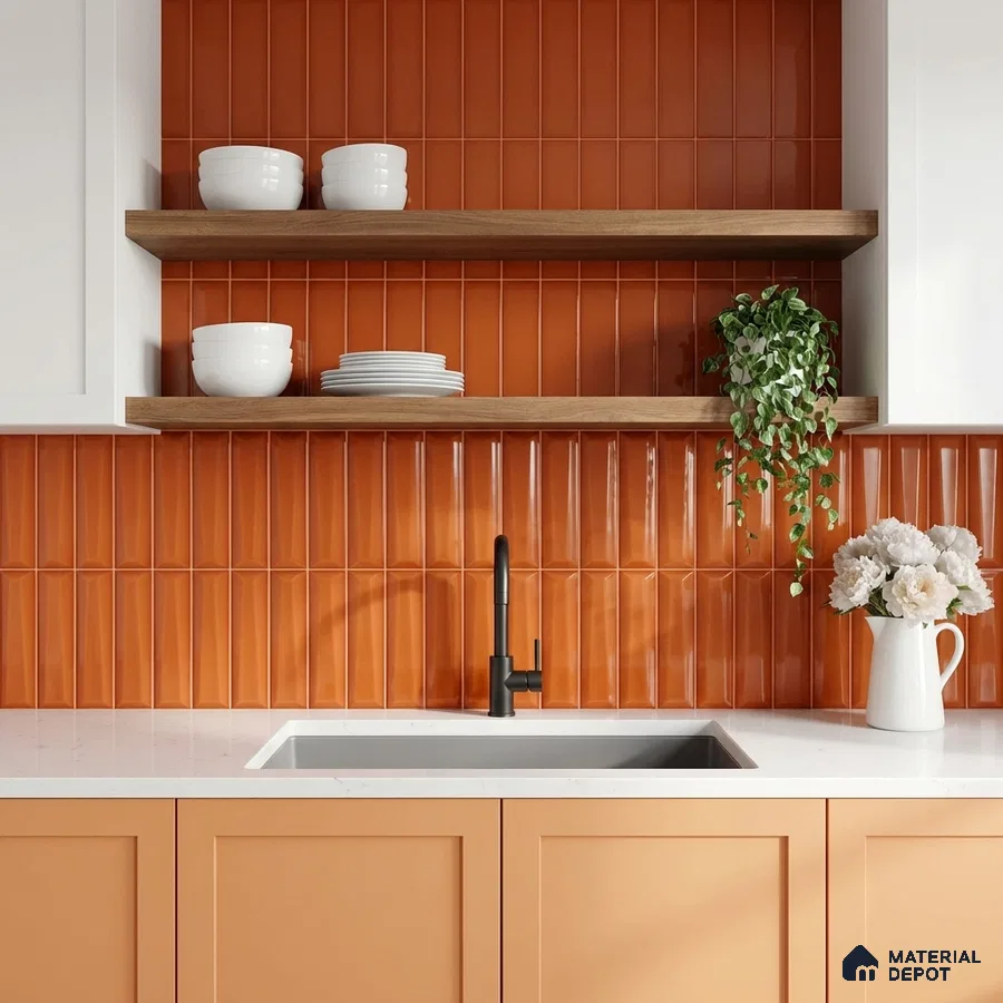 Modern kitchen with terracotta vertical kitkat backsplash tile, peach laminate cabinets, and white quartz countertop