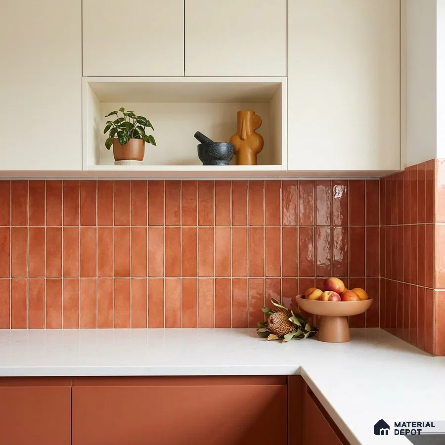 Modern kitchen with terracotta vertical subway backsplash tile and white quartz countertop