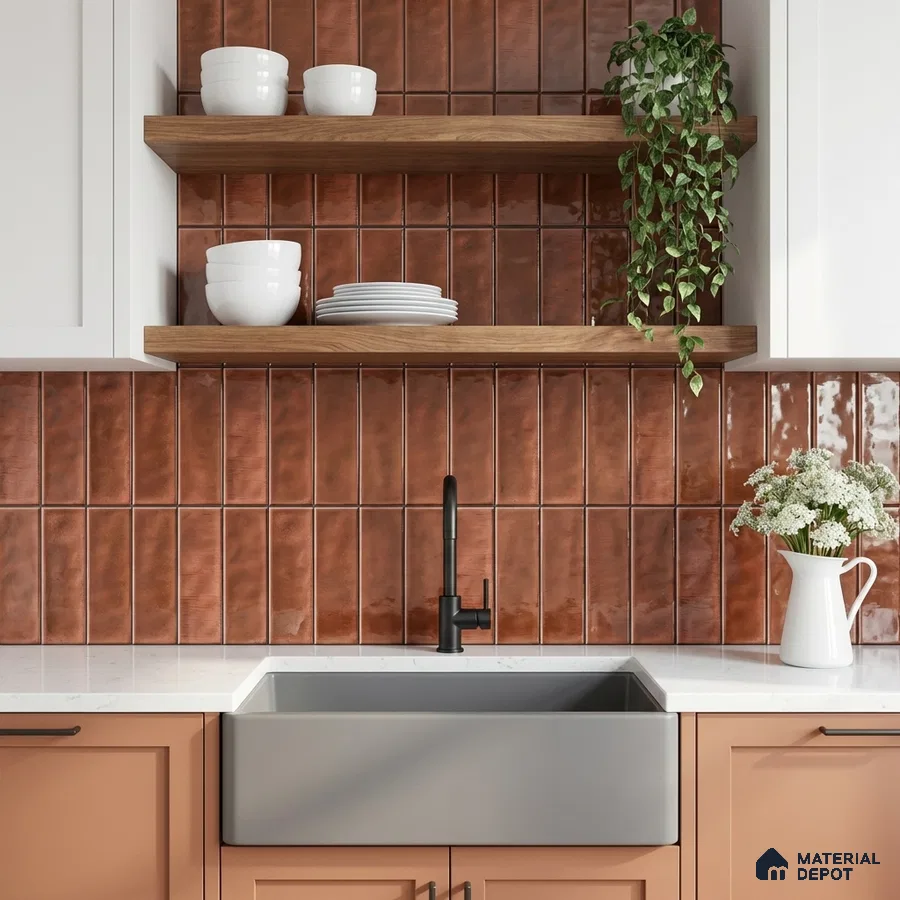 Modern kitchen with terracotta vertical subway backsplash tile, white quartz countertop, and peach laminate cabinets