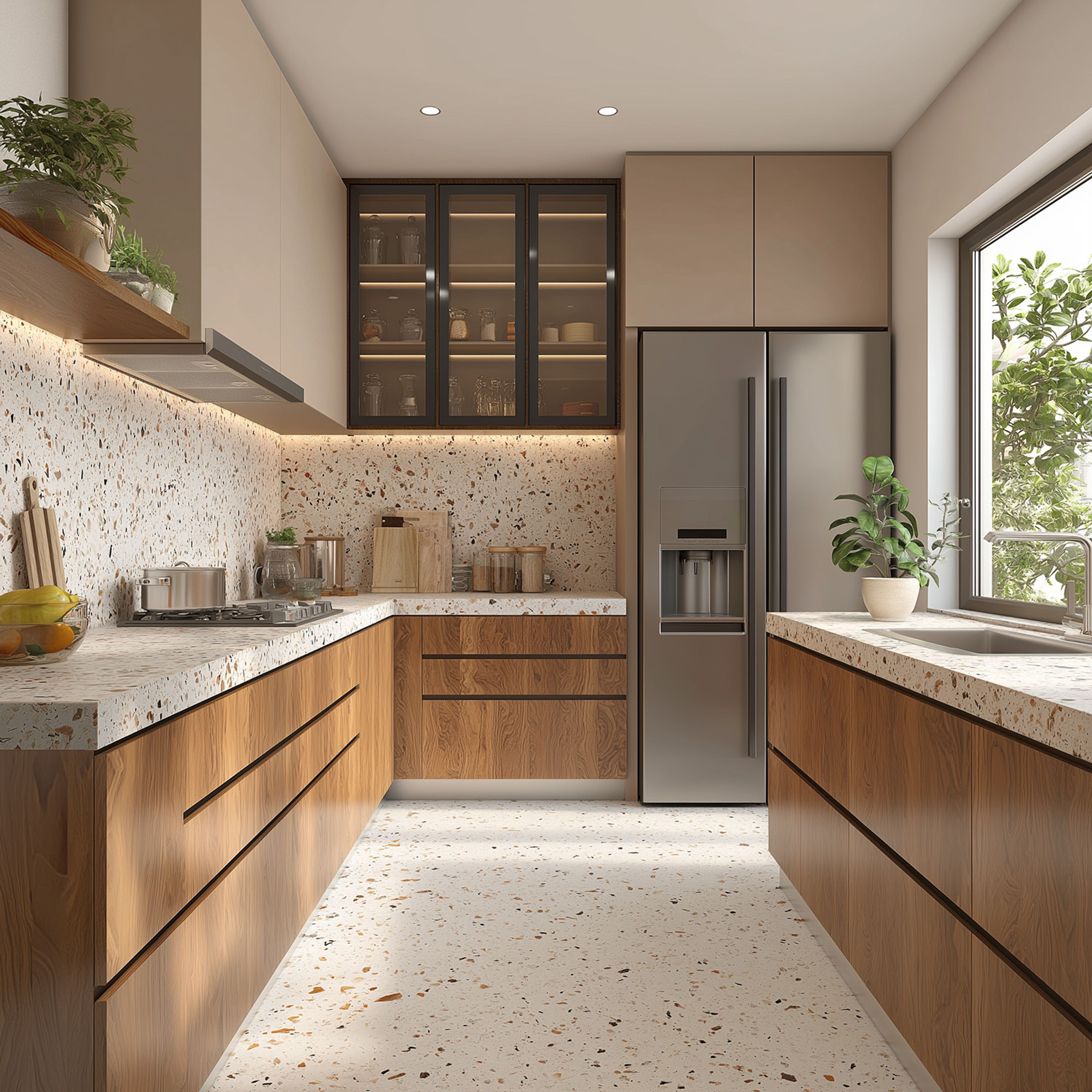 Modern kitchen with terrazzo countertop and backsplash, walnut wood laminate cabinets in Bengaluru | Material Depot