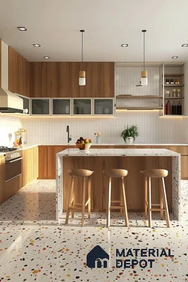 Modern kitchen with terrazzo floor tiles, white subway backsplash, and natural wood laminate cabinets in Bengaluru | Material Depot