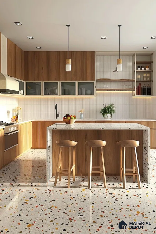 Modern kitchen with terrazzo floor tiles, white subway backsplash, and natural wood laminate cabinets in Bengaluru | Material Depot