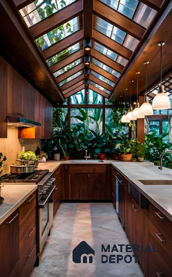 Modern Kitchen with Vaulted Glass Roof and Abundant Greenery | Material Depot