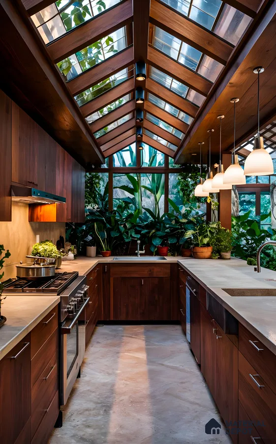 Modern Kitchen with Vaulted Glass Roof and Abundant Greenery | Material Depot
