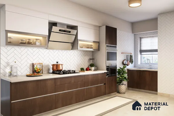 Modern kitchen with walnut brown laminate, frosty white laminate, and herringbone white subway tile backsplash in Bengaluru | Material Depot