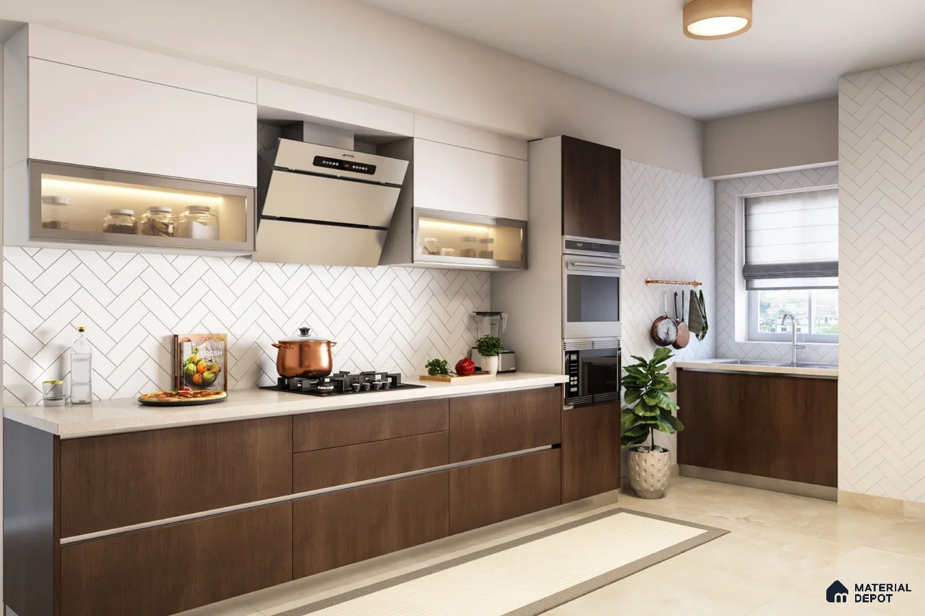 Modern kitchen with walnut brown laminate, frosty white laminate, and herringbone white subway tile backsplash in Bengaluru | Material Depot
