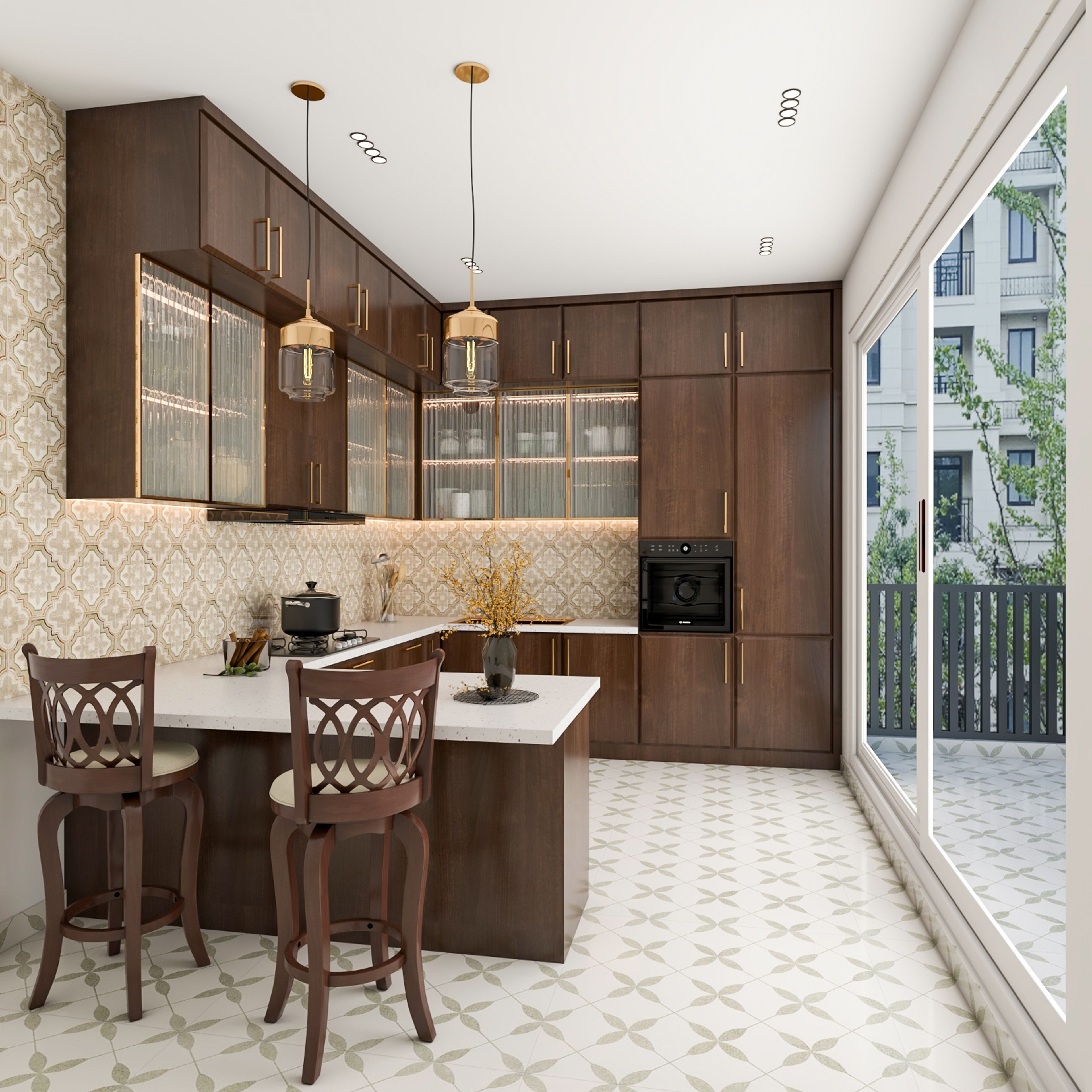 Modern kitchen with walnut brown laminate, patterned backsplash tile, and white quartz countertop in Bengaluru | Material Depot