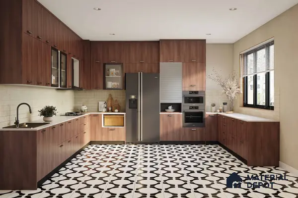 Modern kitchen with walnut brown wood laminate cabinets, white quartz countertop, and black-and-white geometric patterned floor tiles in Bengaluru | Material Depot