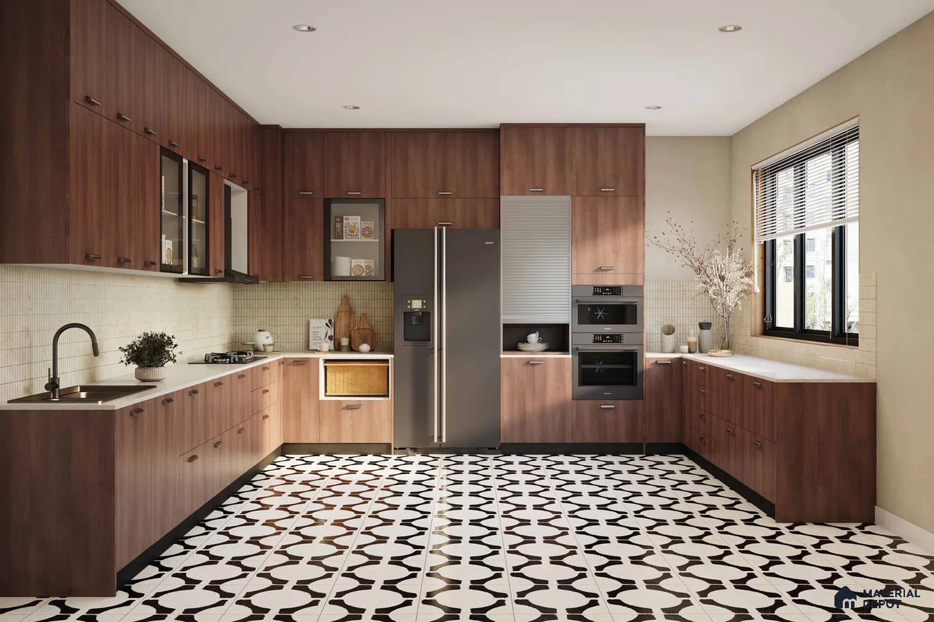 Modern kitchen with walnut brown wood laminate cabinets, white quartz countertop, and black-and-white geometric patterned floor tiles in Bengaluru | Material Depot