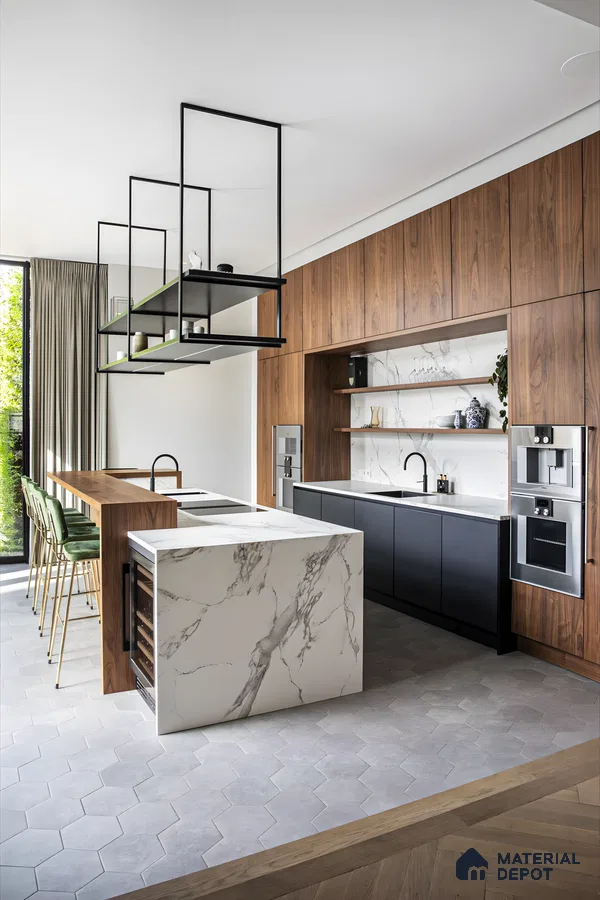 Modern kitchen with walnut cabinetry, marble island, and open shelving for a chic, contemporary look. | Material Depot
