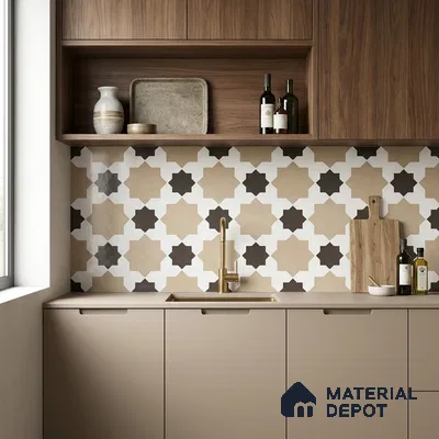 Modern kitchen with walnut laminate cabinets, beige solid color laminate, and geometric moroccan backsplash tiles