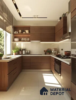 Modern kitchen with walnut wood grain laminate cabinets and white quartz countertop in Bengaluru | Material Depot