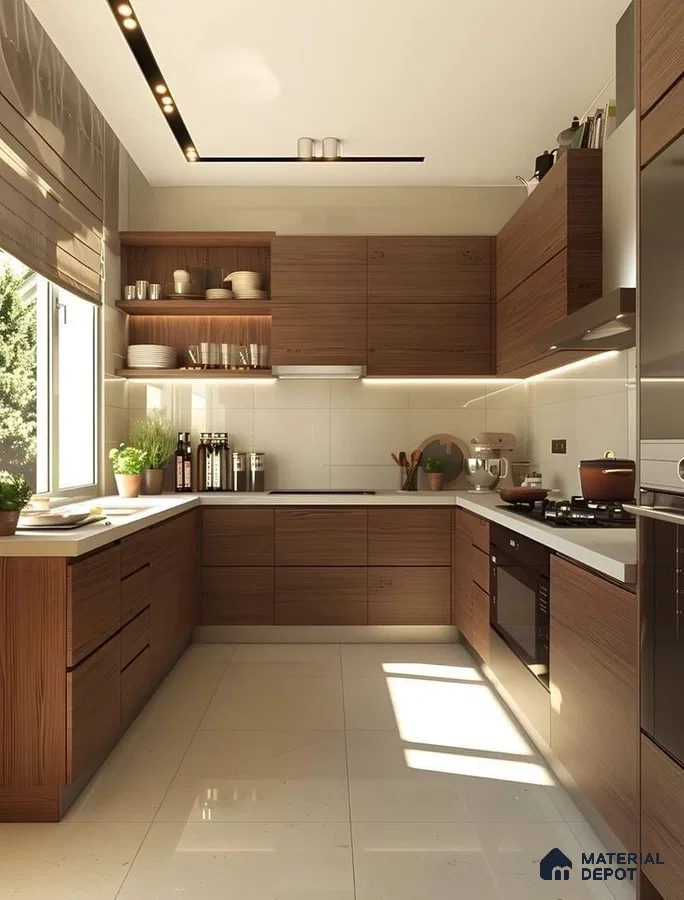 Modern kitchen with walnut wood grain laminate cabinets and white quartz countertop in Bengaluru | Material Depot