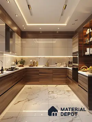 Modern kitchen with walnut wood grain laminate, frosty white high gloss laminate, and marble-look floor tiles in Bengaluru | Material Depot