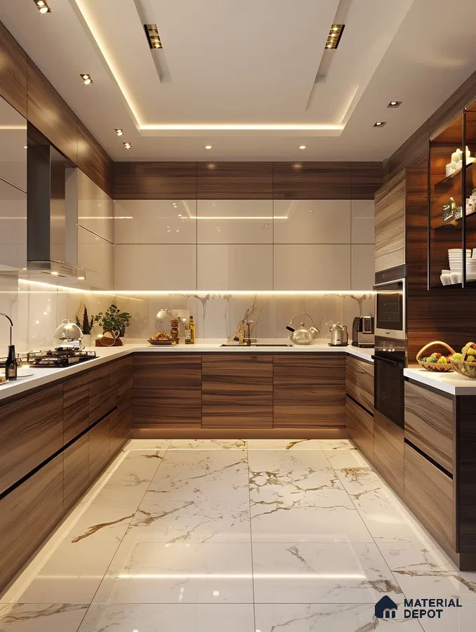 Modern kitchen with walnut wood grain laminate, frosty white high gloss laminate, and marble-look floor tiles in Bengaluru | Material Depot