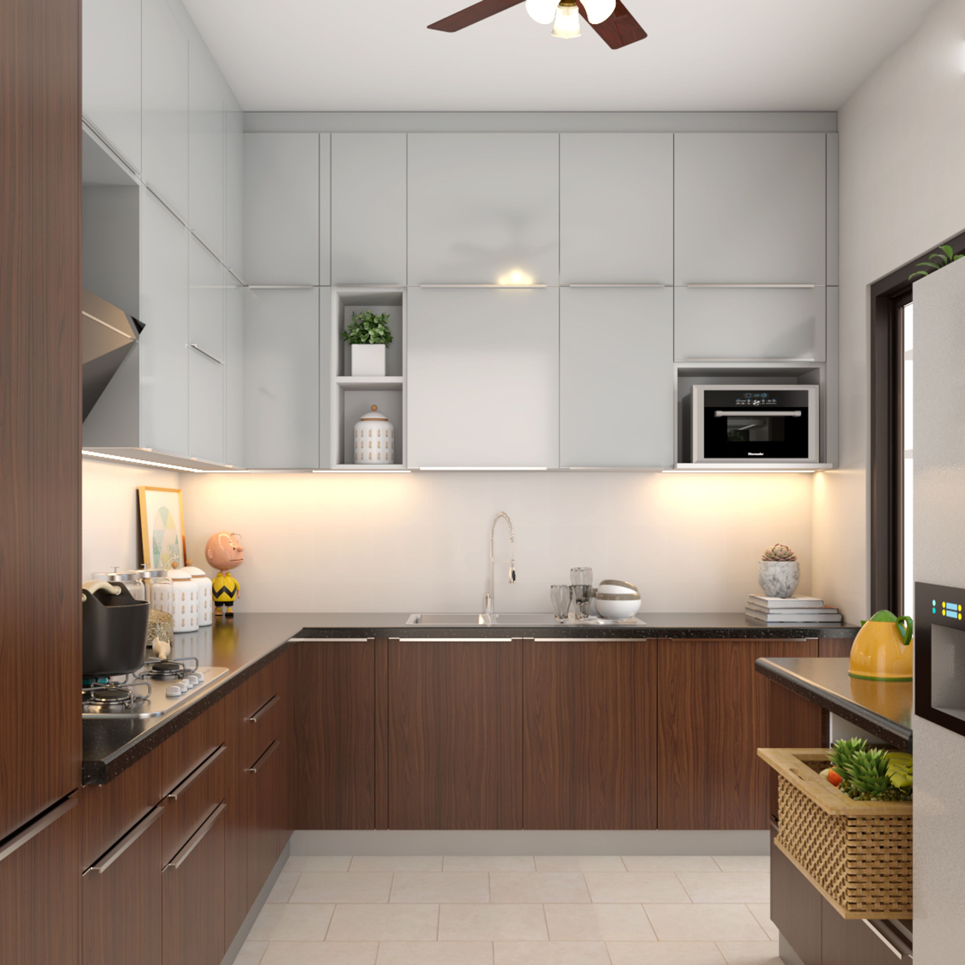 Modern kitchen with walnut wood laminate base cabinets, frosty white laminate wall cabinets, and black quartz countertop in Bengaluru | Material Depot
