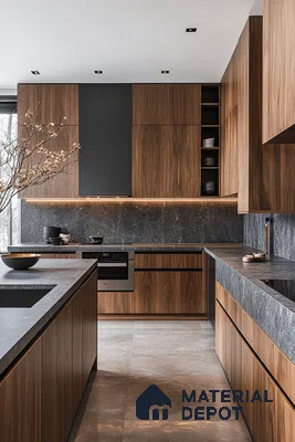 Modern kitchen with walnut wood laminate cabinets and grey marble countertop and backsplash in Bengaluru | Material Depot
