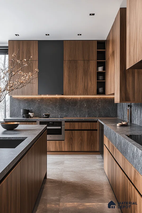 Modern kitchen with walnut wood laminate cabinets and grey marble countertop and backsplash in Bengaluru | Material Depot