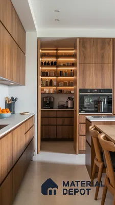 Modern kitchen with walnut wood laminate cabinets and white quartz countertop in Bengaluru | Material Depot