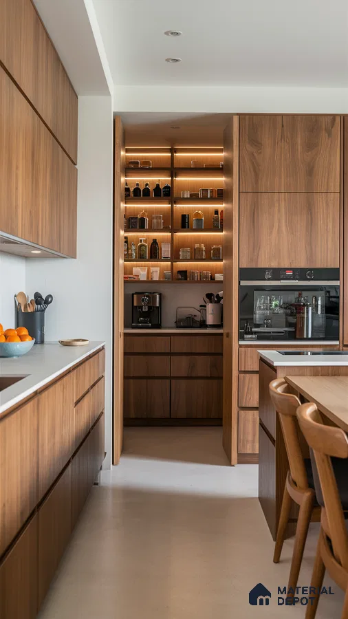 Modern kitchen with walnut wood laminate cabinets and white quartz countertop in Bengaluru | Material Depot