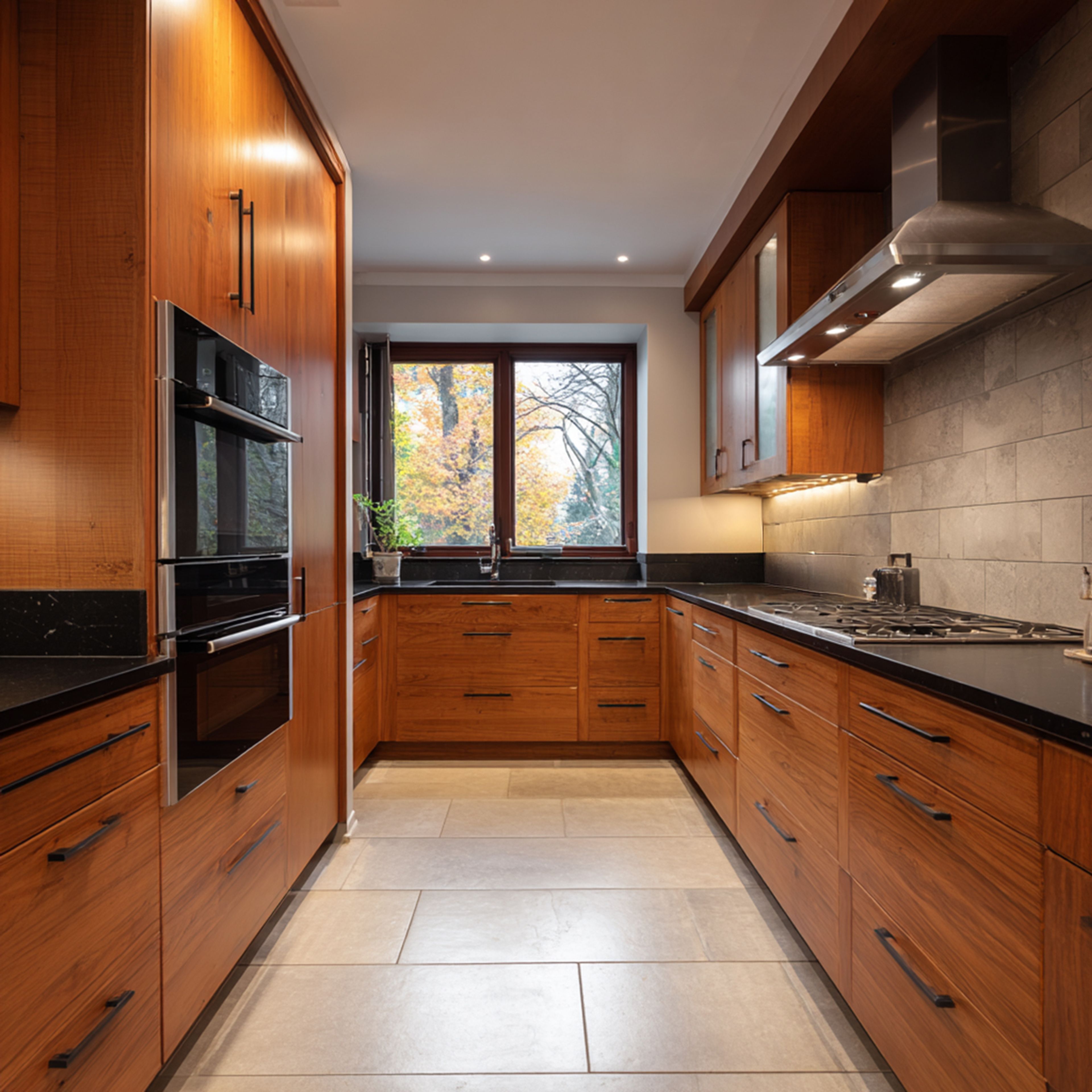 Modern kitchen with walnut wood laminate cabinets, black quartz countertop, and large beige floor tiles in Bengaluru | Material Depot