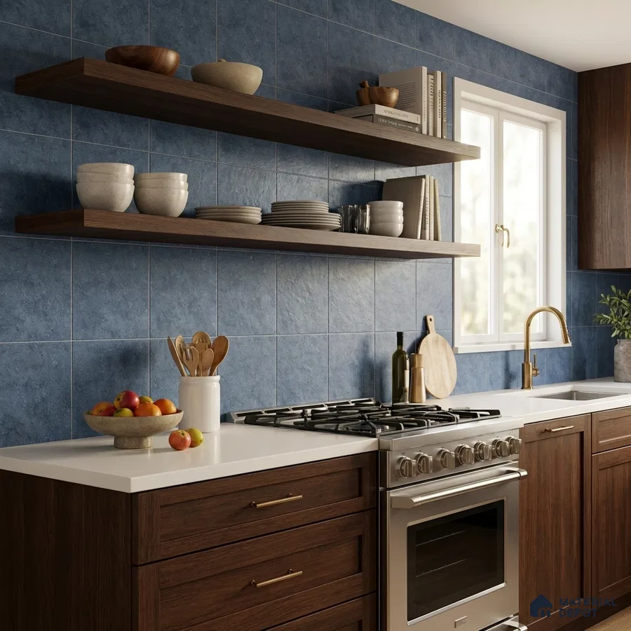 Modern kitchen with walnut wood laminate cabinets, blue wall tiles, and white quartz countertop