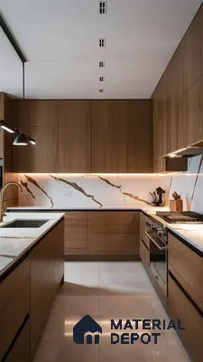 Modern kitchen with walnut wood laminate cabinets, white marble-look backsplash, and beige polished floor tiles in Bengaluru | Material Depot