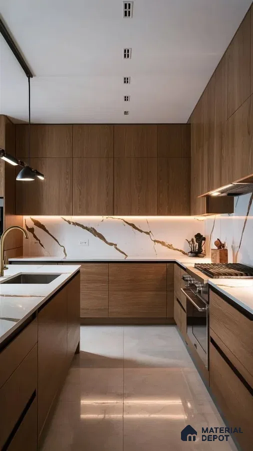 Modern kitchen with walnut wood laminate cabinets, white marble-look backsplash, and beige polished floor tiles in Bengaluru | Material Depot