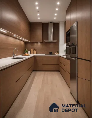 Modern kitchen with walnut wood laminate cabinets, white quartz countertop, and light oak wood flooring in Bengaluru | Material Depot
