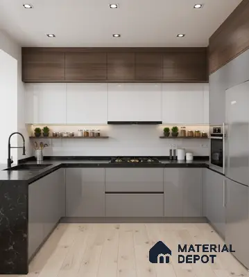 Modern kitchen with walnut wood laminate, frosty white and grey laminate, and black marble countertop in Bengaluru