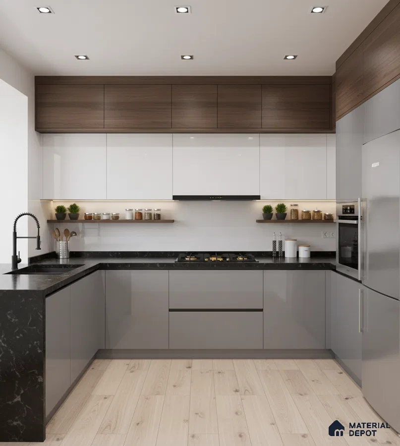 Modern kitchen with walnut wood laminate, frosty white and grey laminate, and black marble countertop in Bengaluru