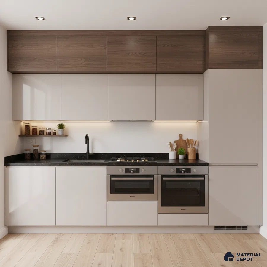 Modern kitchen with walnut wood laminate, frosty white laminate, and black quartz countertop in Bengaluru