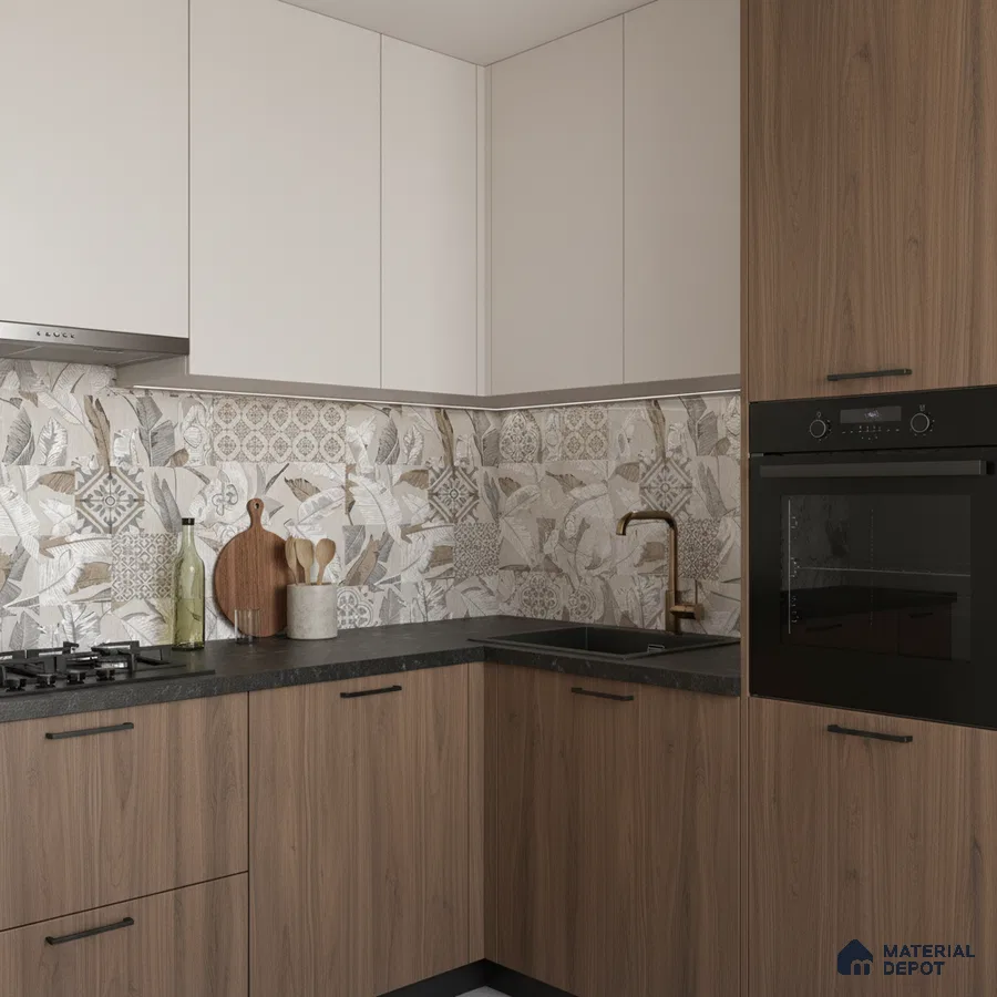 Modern kitchen with walnut wood laminate, frosty white laminate, and patterned beige backsplash tile in Bengaluru