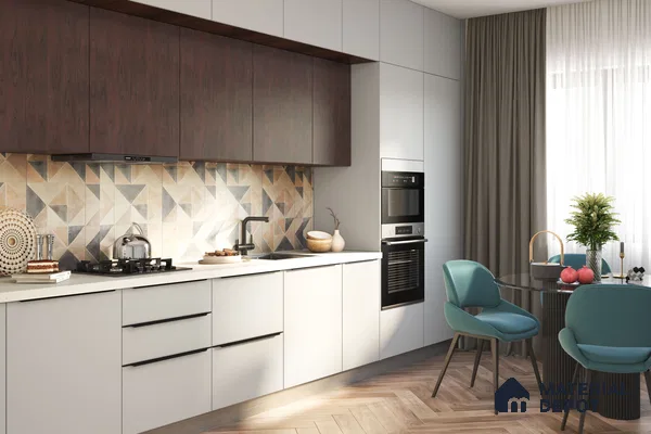 Modern kitchen with walnut wood laminate, frosty white laminate, geometric patterned backsplash tile, and herringbone wooden floor in Bengaluru | Material Depot