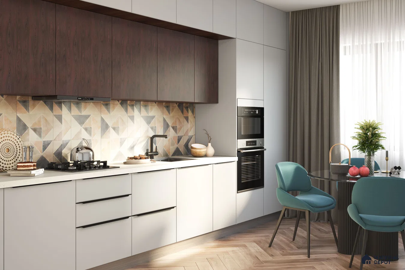 Modern kitchen with walnut wood laminate, frosty white laminate, geometric patterned backsplash tile, and herringbone wooden floor in Bengaluru | Material Depot