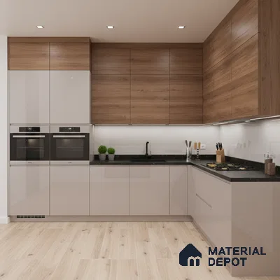 Modern kitchen with walnut wood laminate, glossy beige laminate, and black quartz countertop in Bengaluru
