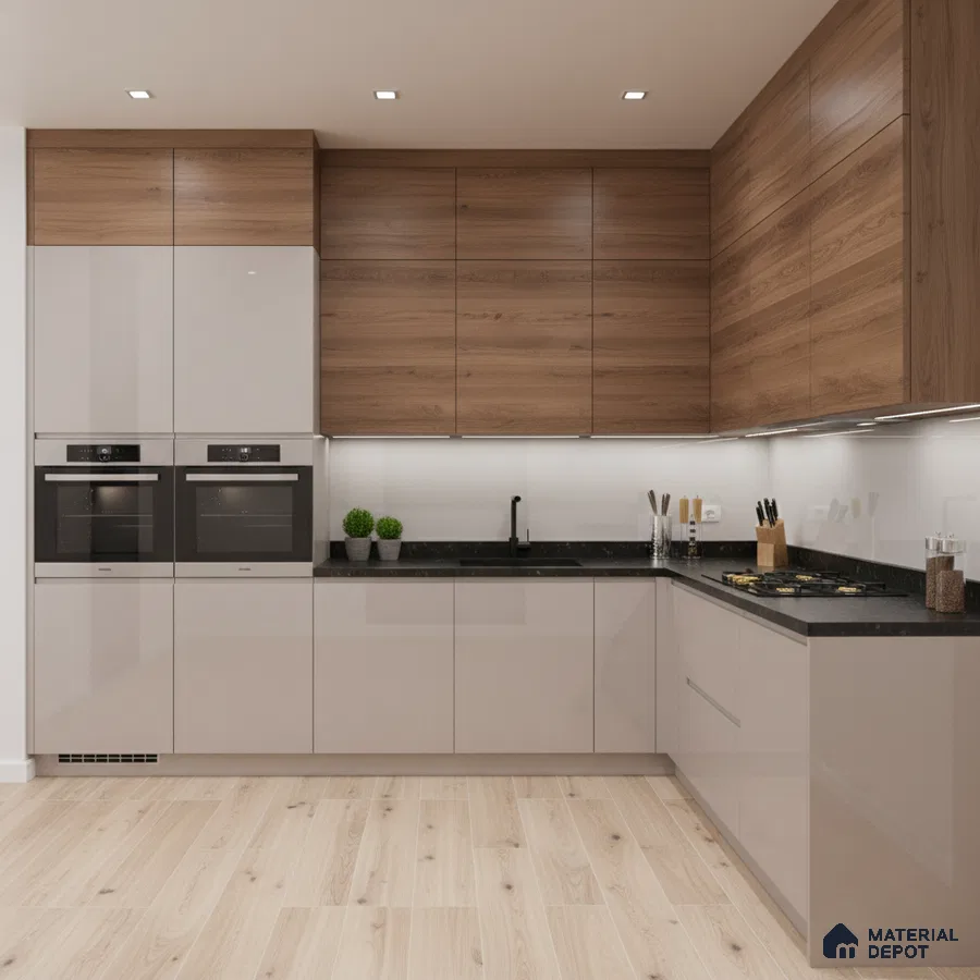 Modern kitchen with walnut wood laminate, glossy beige laminate, and black quartz countertop in Bengaluru